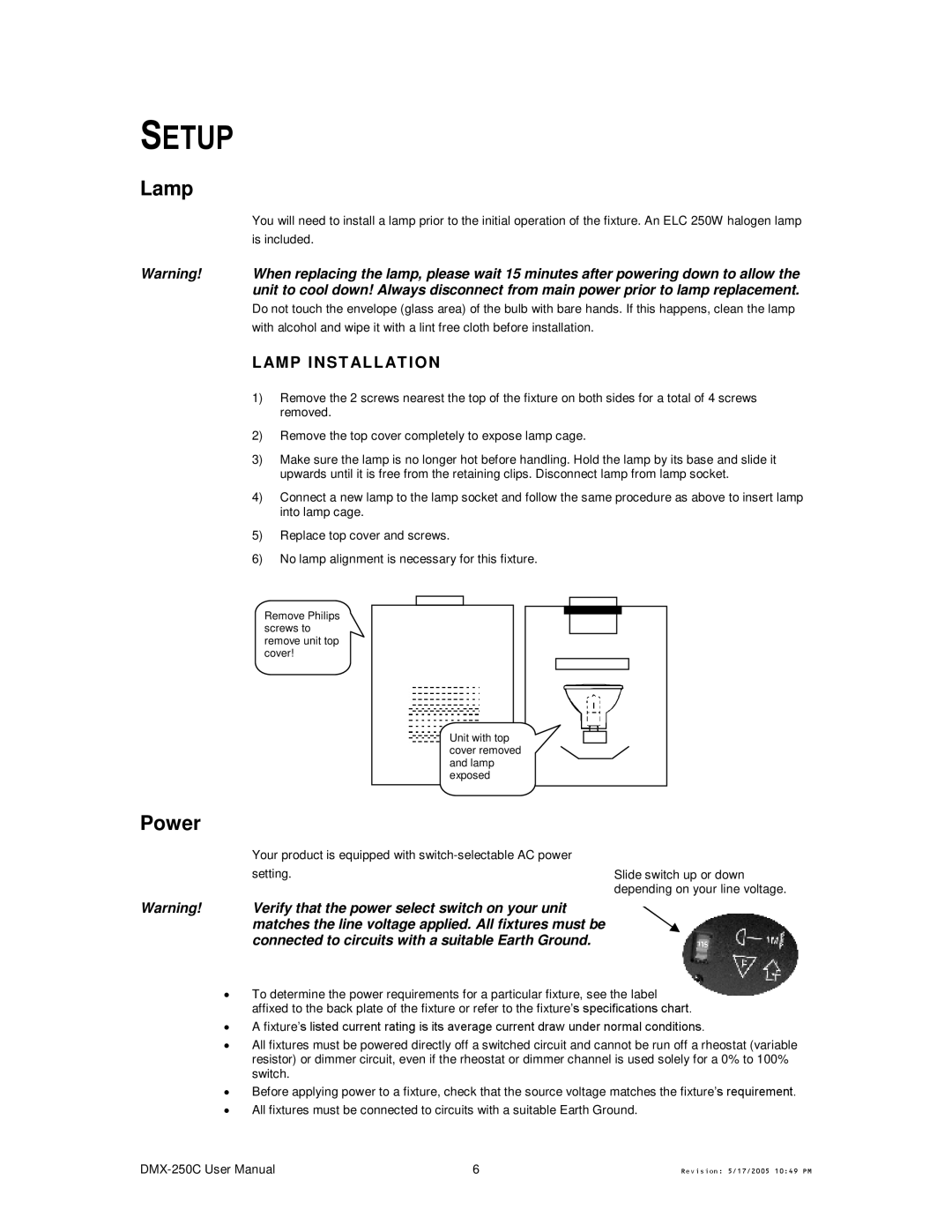 Chauvet DMX-250C user manual Setup, Power, Lamp Inst Allat ION 