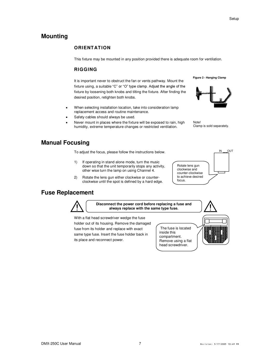 Chauvet DMX-250C user manual Mounting, Manual Focusing, Fuse Replacement, Orient AT ION, Rigging 