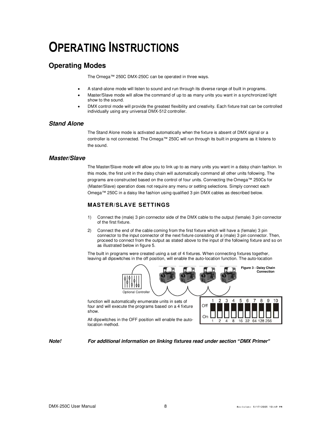 Chauvet DMX-250C user manual Operating Instructions, Operating Modes, Mast ER/SLAVE Settings, Sound 