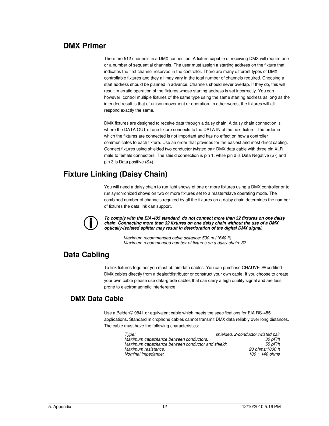 Chauvet DMX-4 LED user manual DMX Primer, Fixture Linking Daisy Chain, Data Cabling, DMX Data Cable 