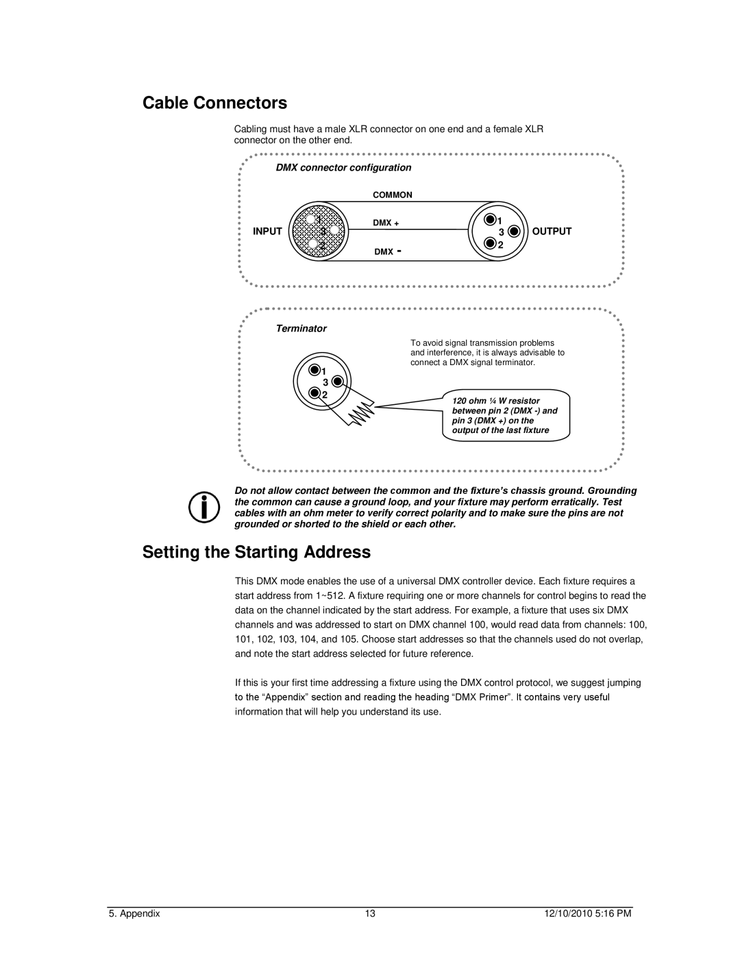 Chauvet DMX-4 LED user manual Cable Connectors, Setting the Starting Address 