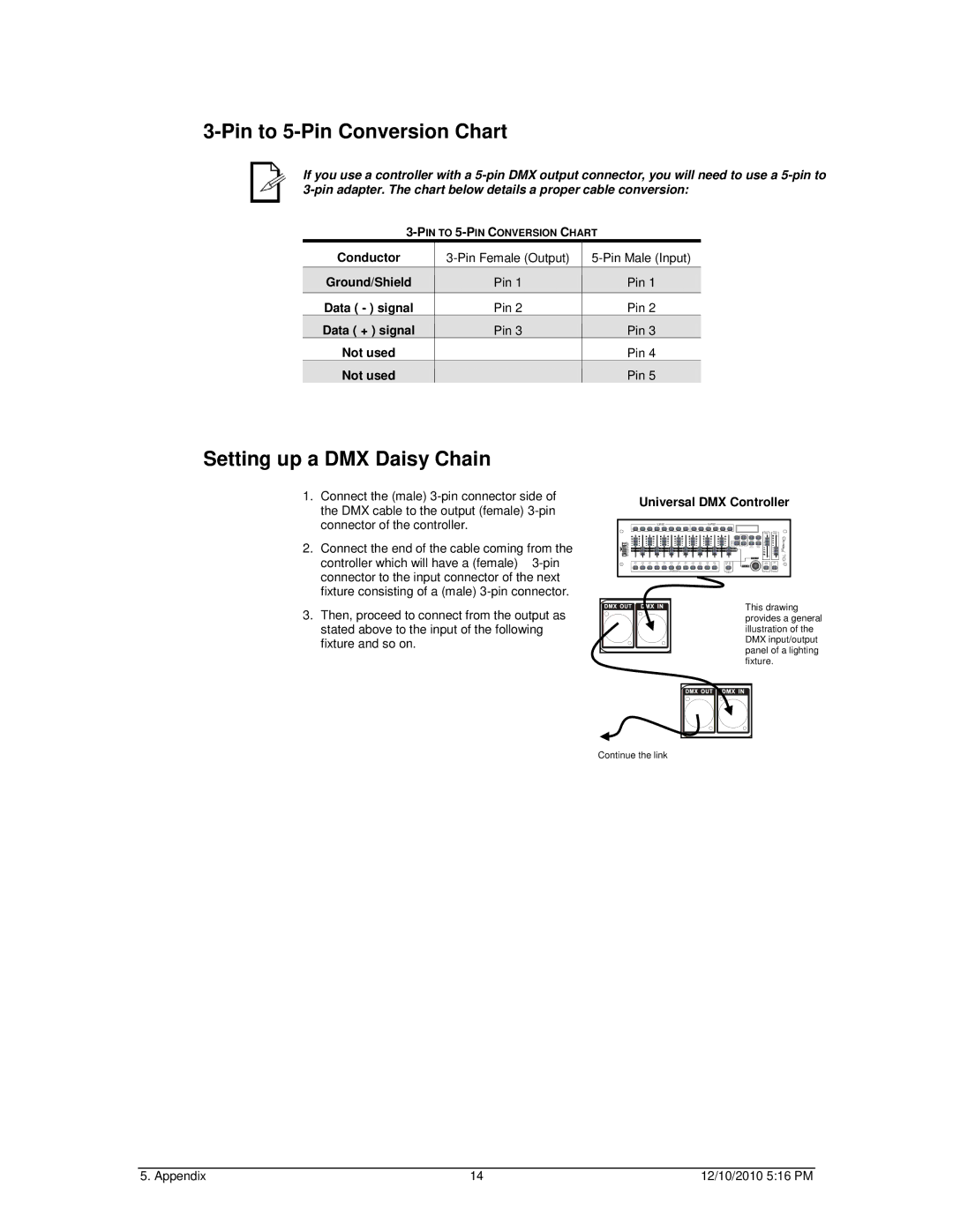 Chauvet DMX-4 LED user manual Pin to 5-Pin Conversion Chart, Setting up a DMX Daisy Chain 