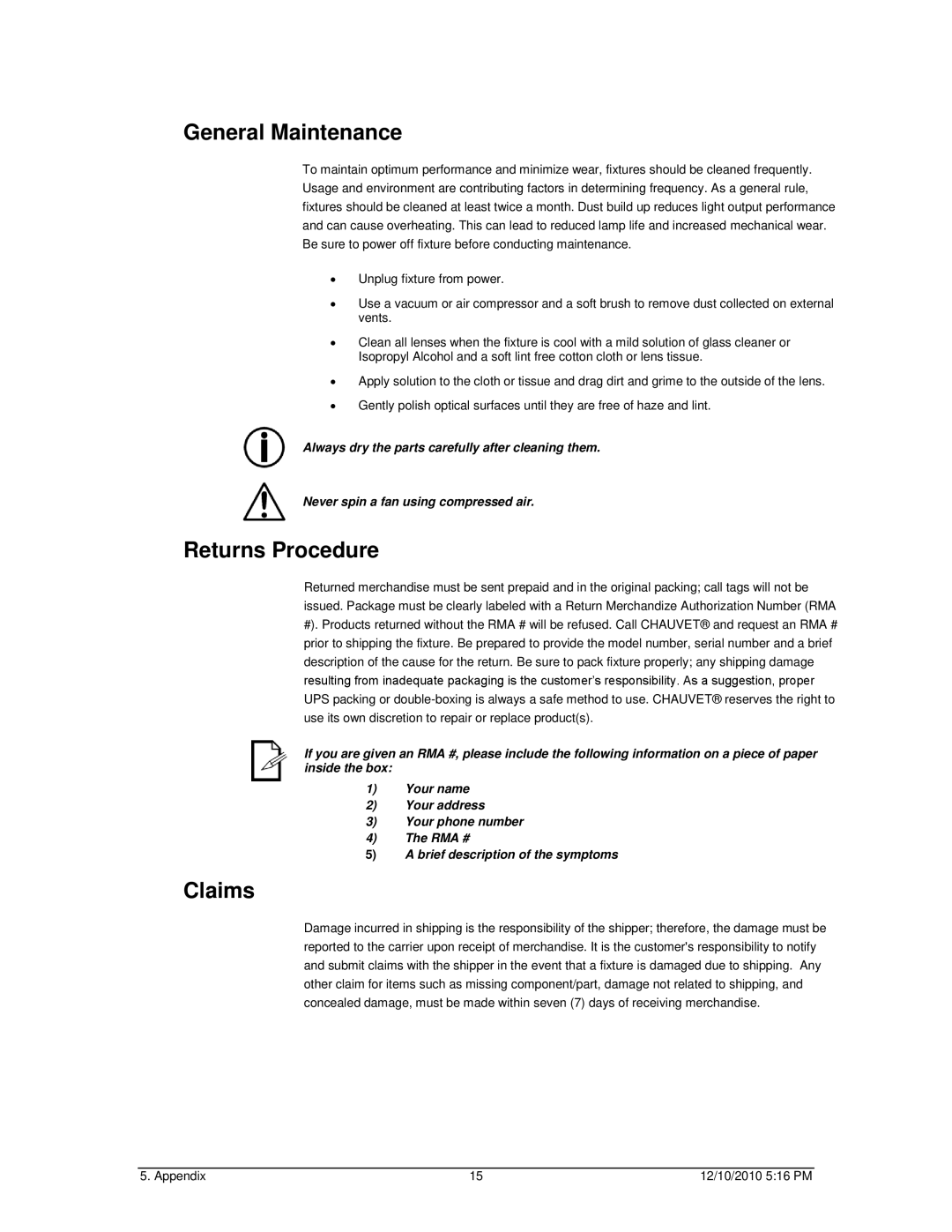 Chauvet DMX-4 LED user manual General Maintenance, Returns Procedure, Claims 