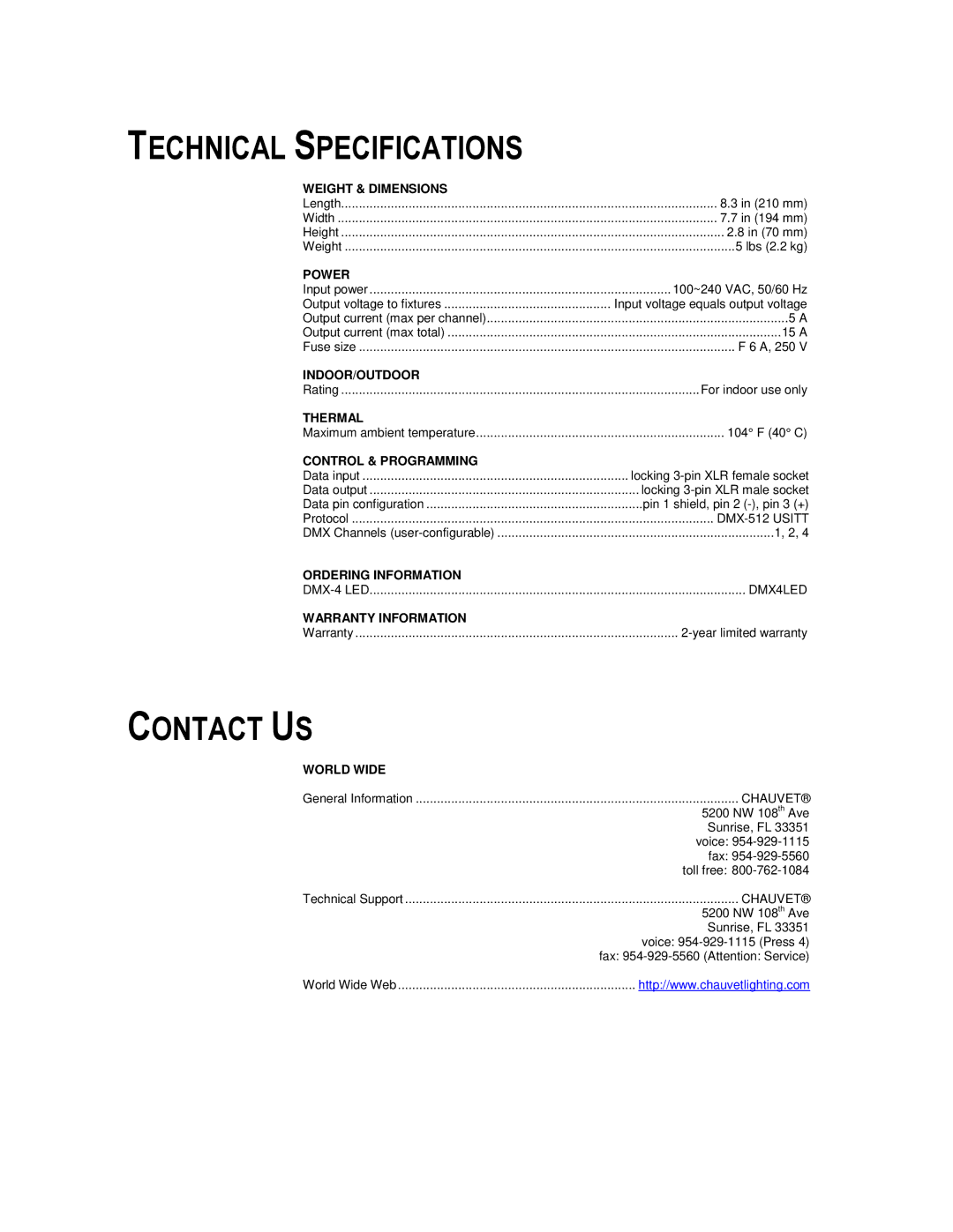 Chauvet DMX-4 LED user manual Technical Specifications, Contact US 