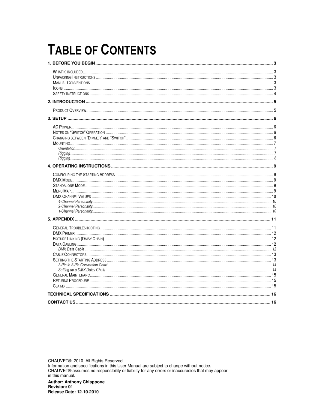 Chauvet DMX-4 LED user manual Table of Contents 