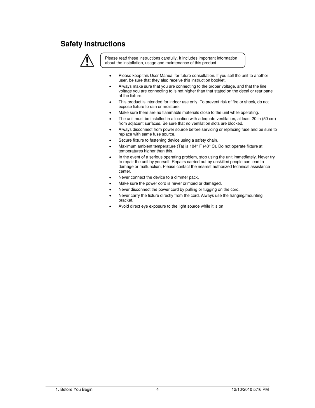 Chauvet DMX-4 LED user manual Safety Instructions 