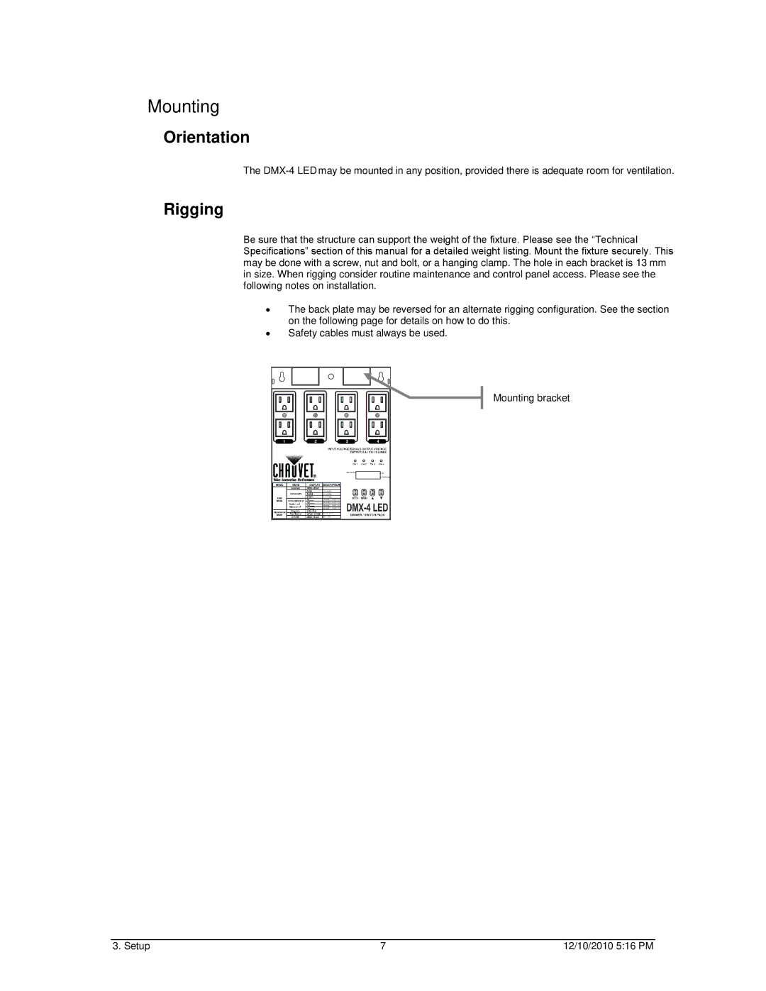 Chauvet DMX-4 LED user manual Orientation, Rigging 