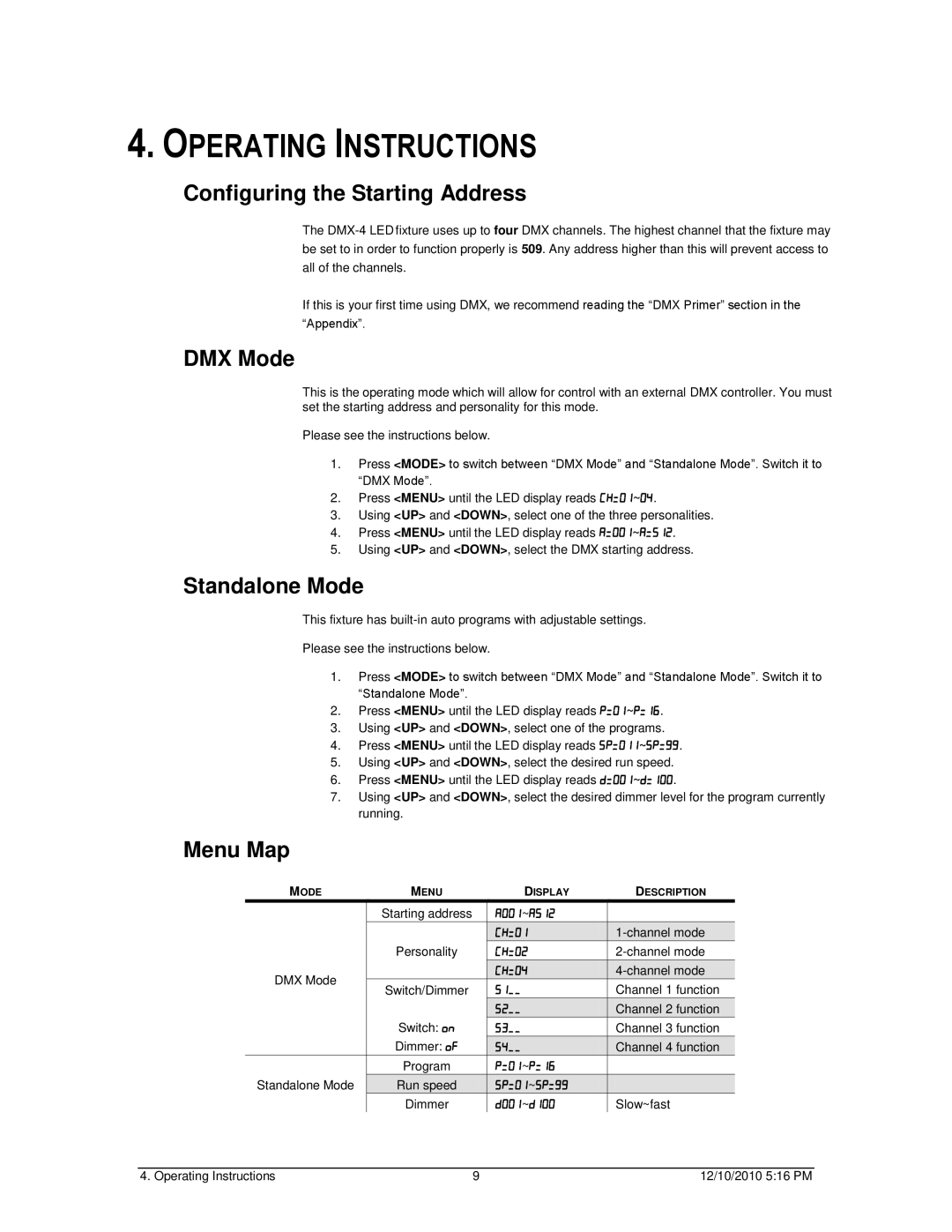 Chauvet DMX-4 LED user manual Operating Instructions, Configuring the Starting Address, DMX Mode, Standalone Mode, Menu Map 