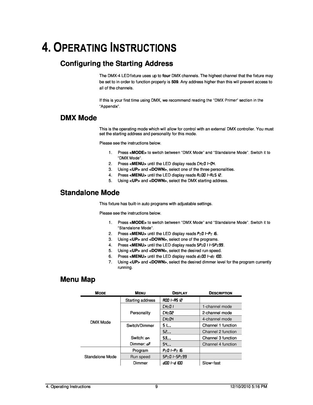 Chauvet DMX-4 LED Operating Instructions, Configuring the Starting Address, DMX Mode, Standalone Mode, Menu Map,  