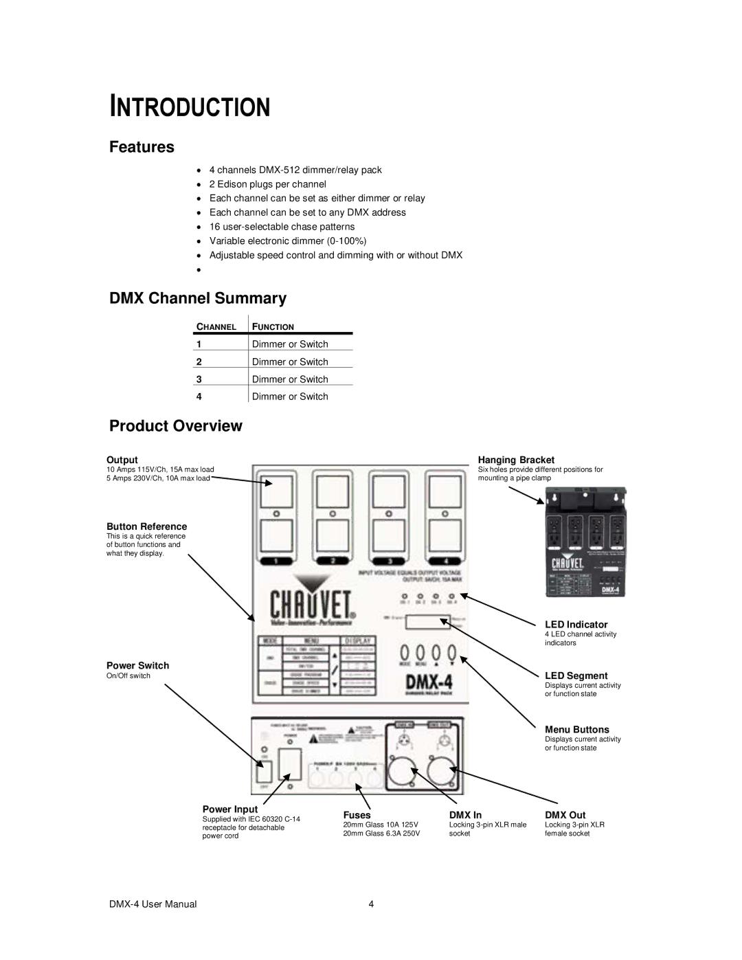 Chauvet DMX-4 user manual Introduction, Features, DMX Channel Summary, Product Overview 