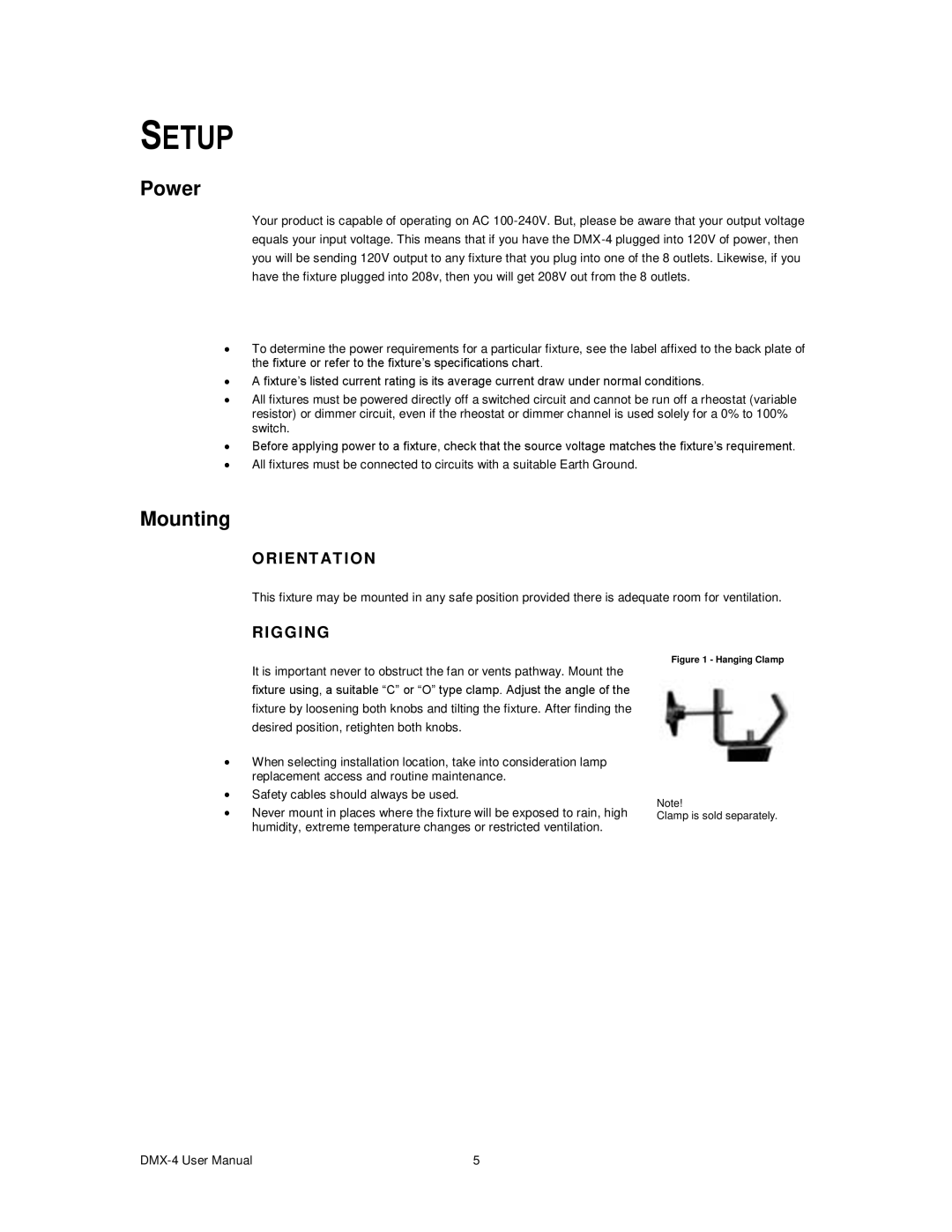 Chauvet DMX-4 user manual Setup, Power, Mounting, Orient AT ION, Rigging 