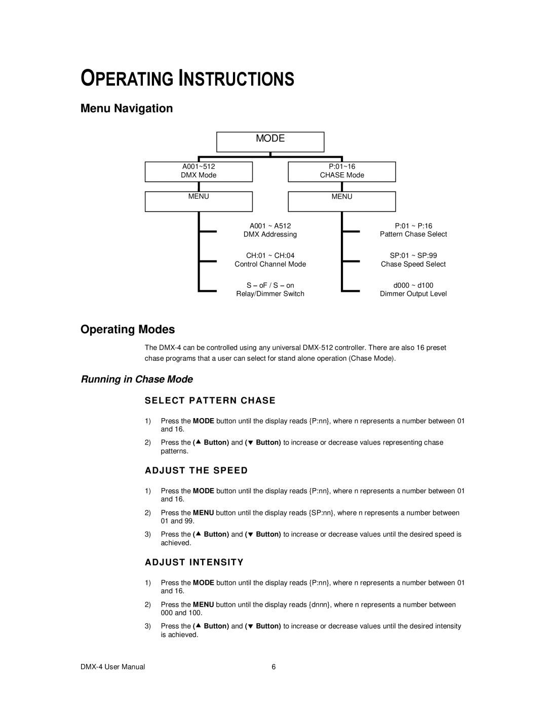 Chauvet DMX-4 user manual Operating Instructions, Menu Navigation, Operating Modes 