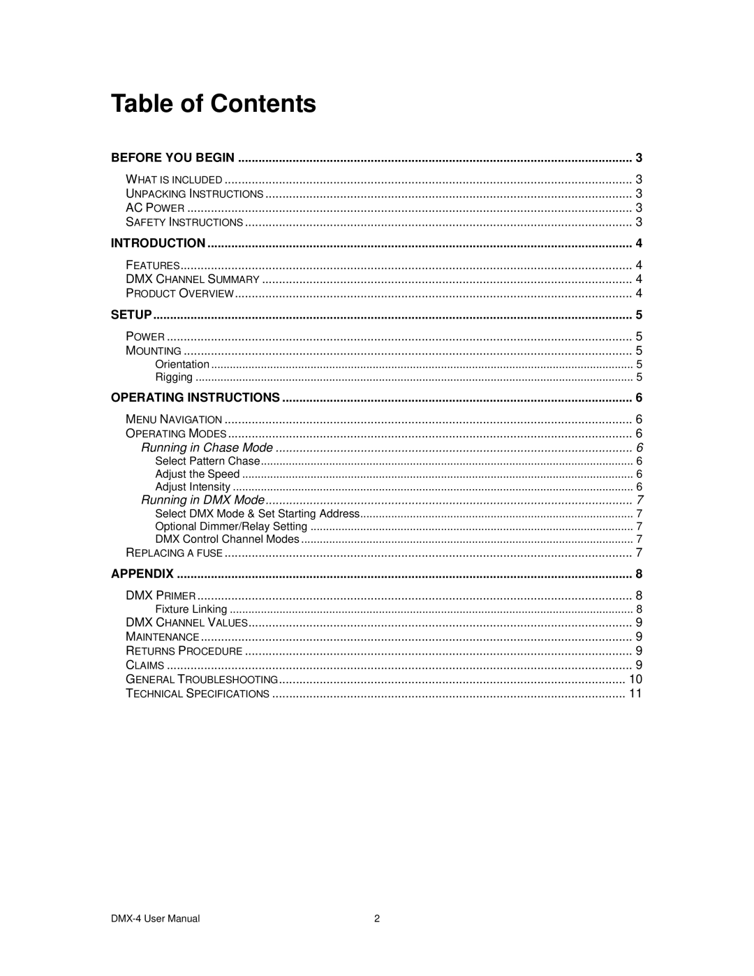 Chauvet DMX-4 user manual Table of Contents 