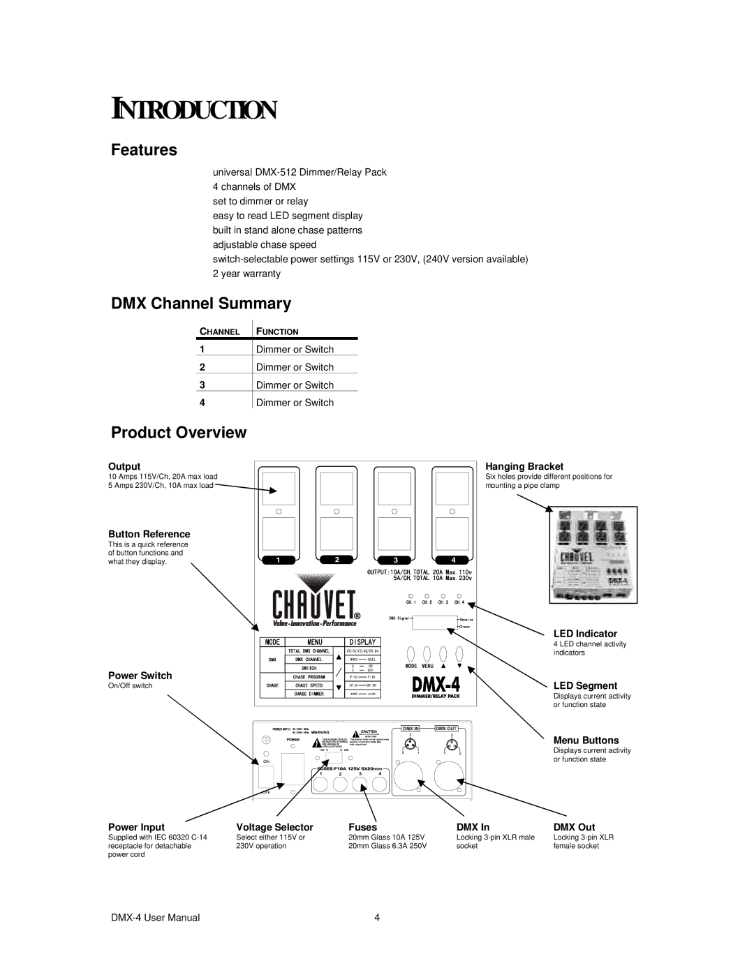 Chauvet DMX-4 user manual Introduction, Features, DMX Channel Summary, Product Overview 