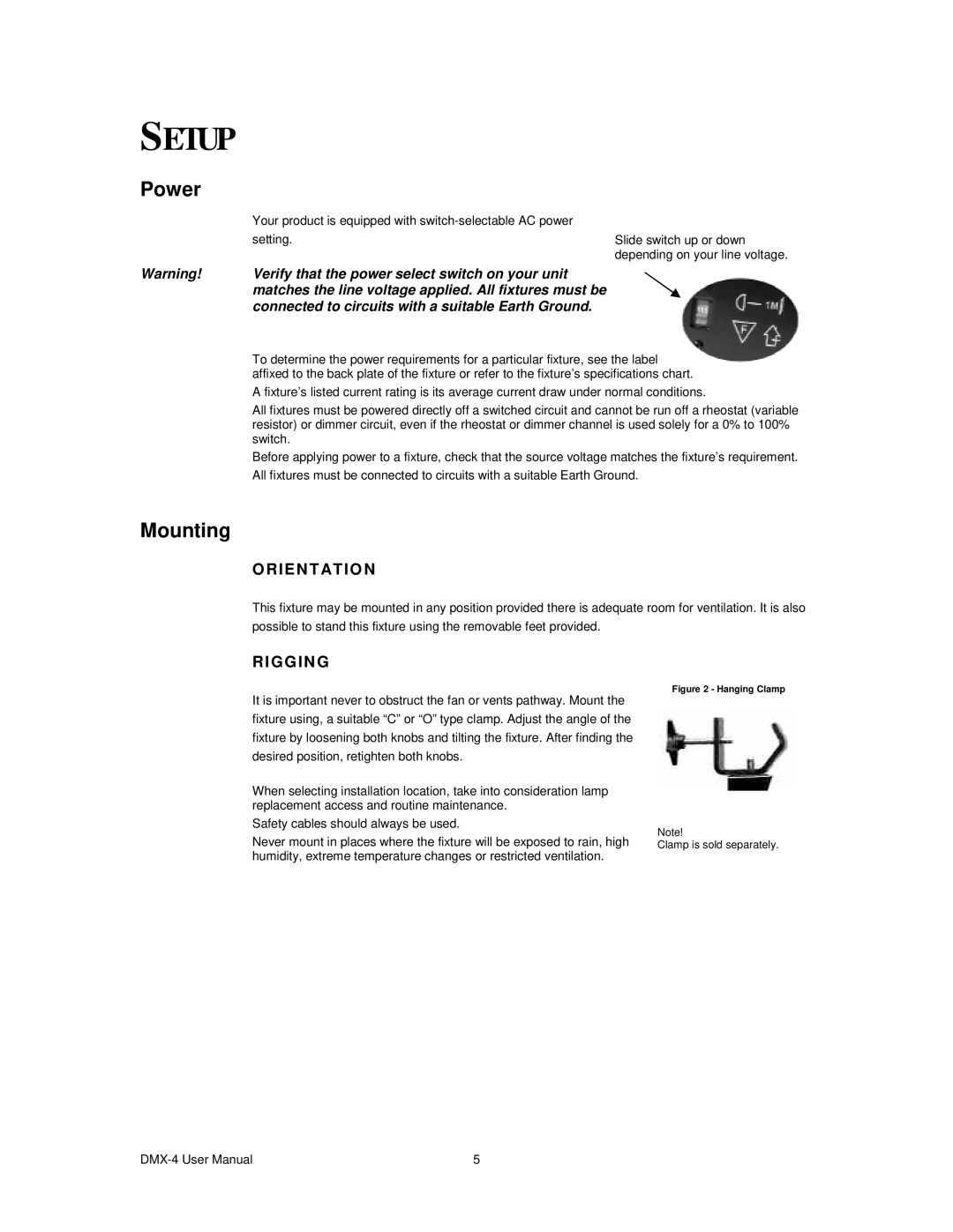 Chauvet DMX-4 user manual Setup, Power, Mounting, Orientation, Rigging 