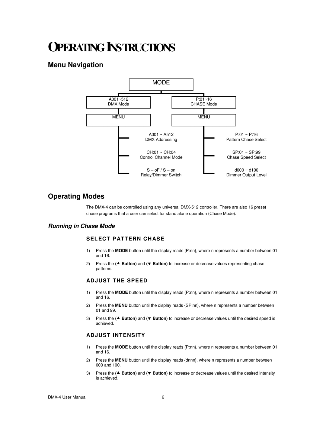 Chauvet DMX-4 user manual Operating Instructions, Menu Navigation, Operating Modes 