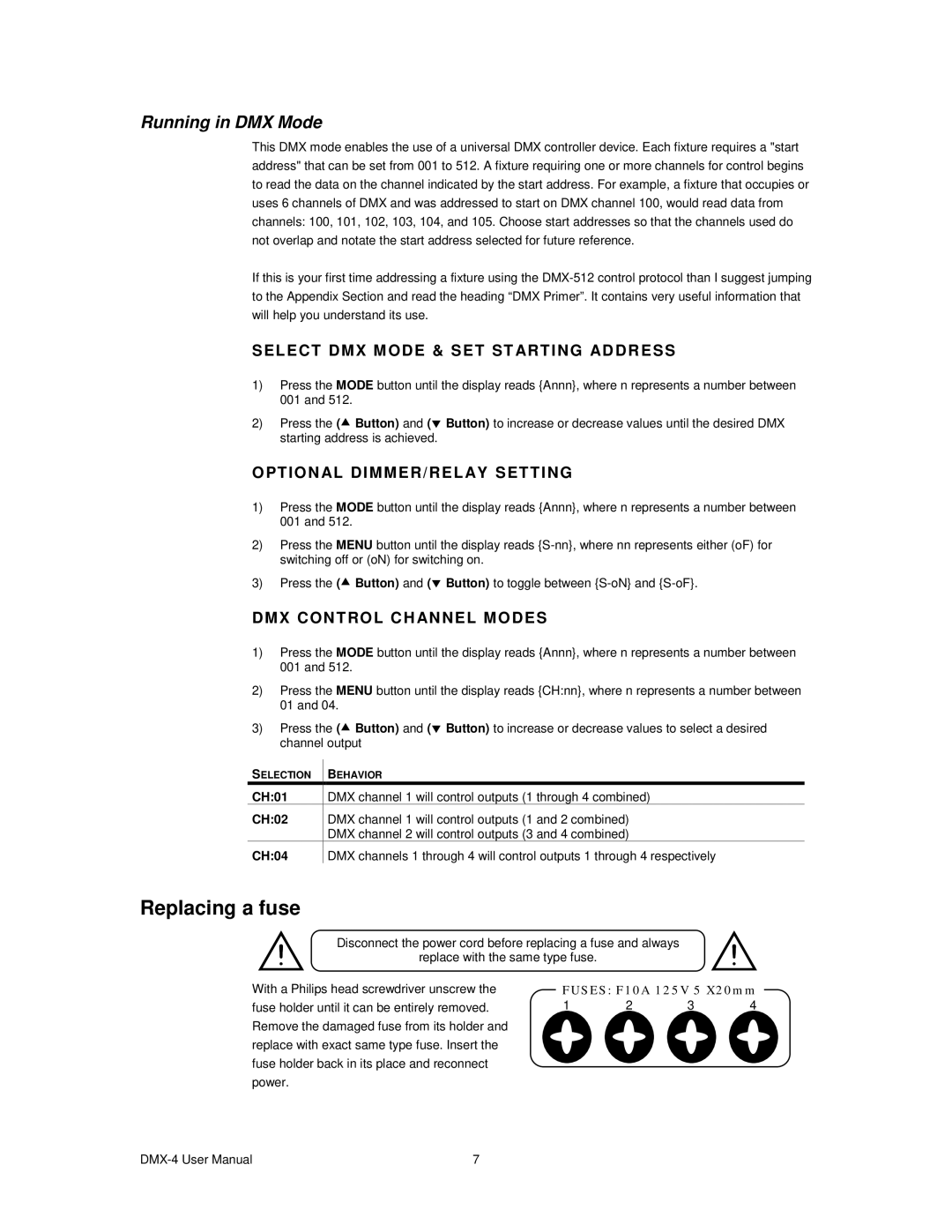 Chauvet DMX-4 user manual Replacing a fuse, Select DMX Mode & SET Starting Address, Optional DIMMER/RELAY Setting 