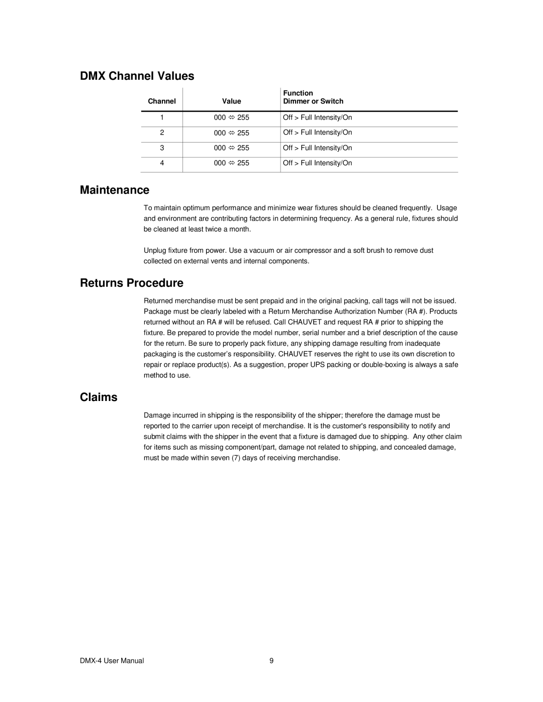 Chauvet DMX-4 user manual DMX Channel Values, Maintenance, Returns Procedure, Claims 