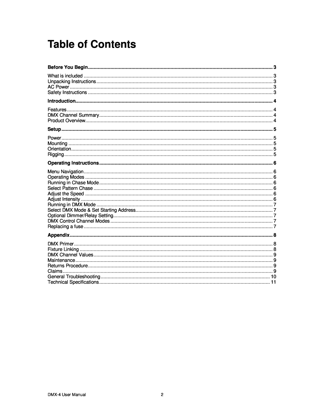 Chauvet DMX-4 user manual Table of Contents, Before You Begin, Introduction, Setup, Operating Instructions, Appendix 