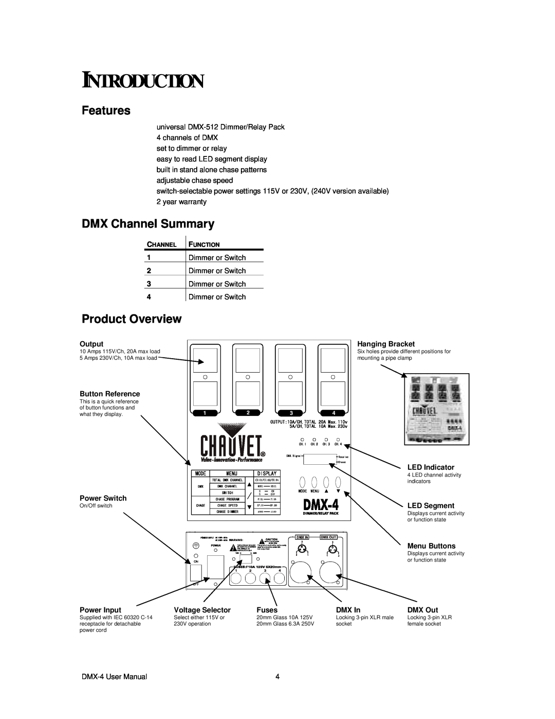 Chauvet DMX-4 user manual Introduction, Features, DMX Channel Summary, Product Overview 