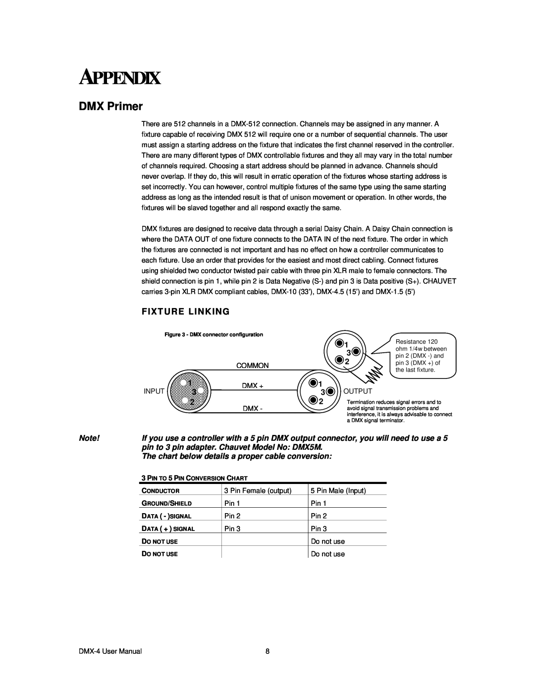 Chauvet DMX-4 user manual Appendix, DMX Primer, Fixture Linking, pin to 3 pin adapter. Chauvet Model No DMX5M 