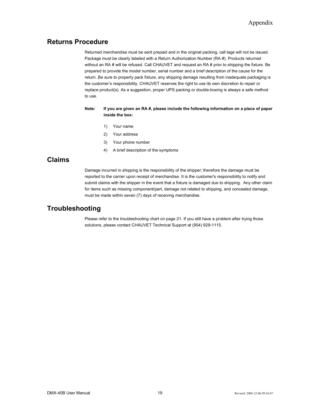 Chauvet DMX-40B user manual Returns Procedure, Claims, Troubleshooting 