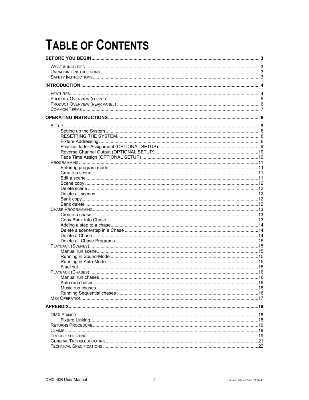 Chauvet DMX-40B user manual Table of Contents 