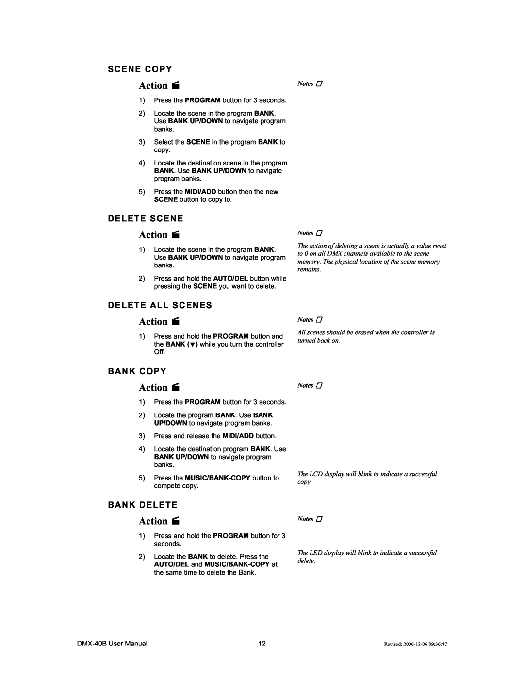 Chauvet DMX-40B user manual Scene Copy, Delete Scene, Delete All Scenes, Bank Copy, Bank Delete, Action, Notes Notes 
