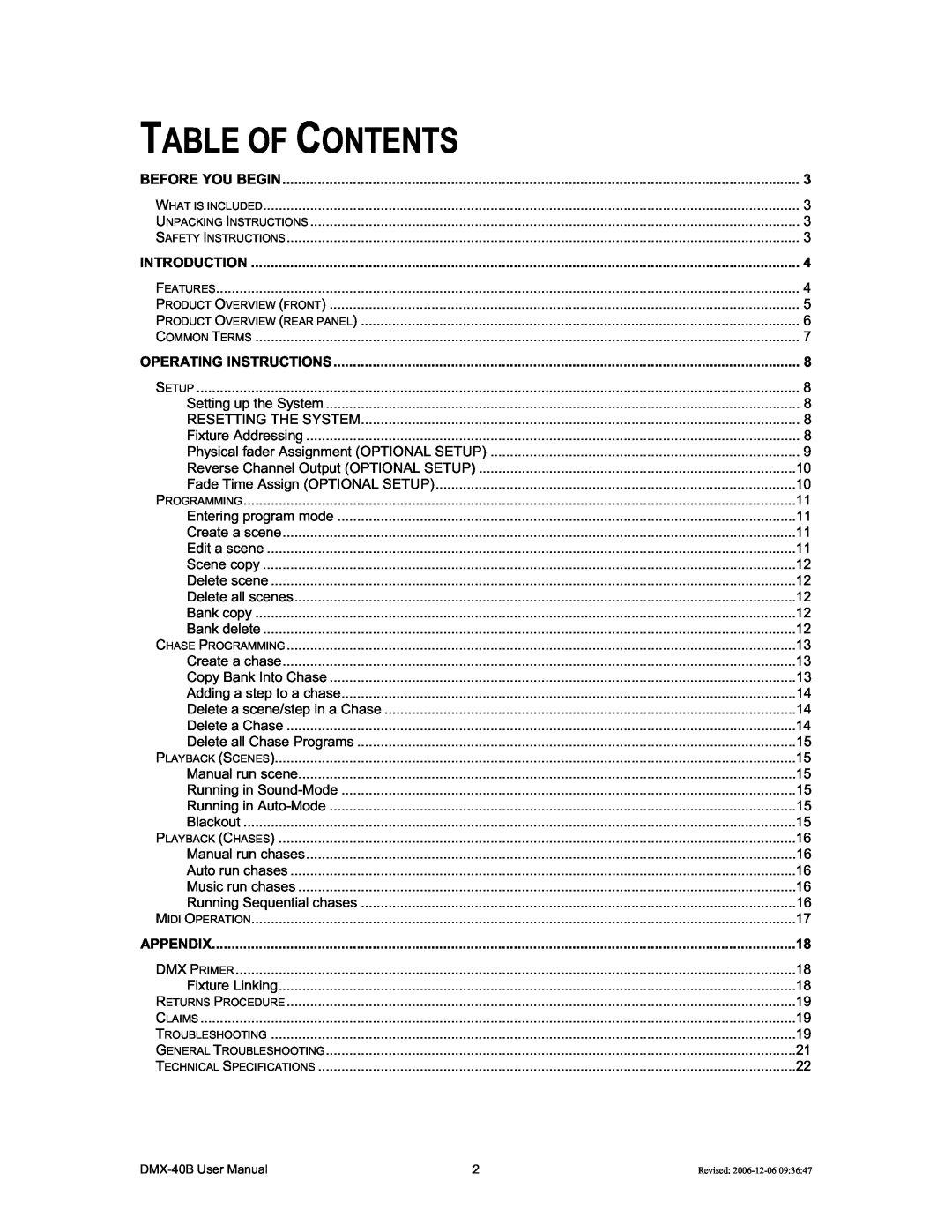 Chauvet DMX-40B user manual Table Of Contents, Before You Begin, Introduction, Operating Instructions, Appendix 