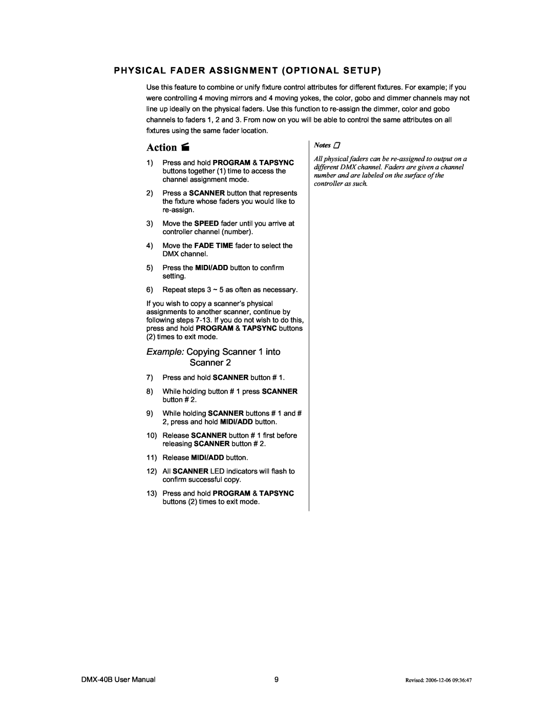 Chauvet DMX-40B user manual Action, Physical Fader Assignment Optional Setup 