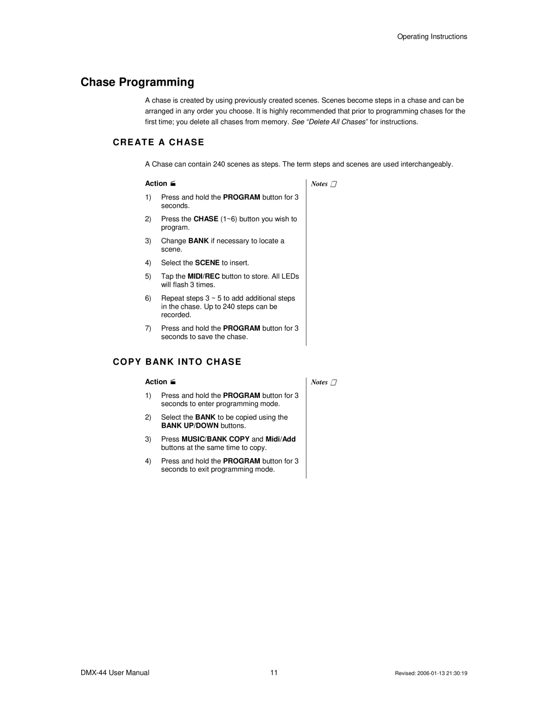 Chauvet DMX-44 user manual Chase Programming, CR E AT E a C H ASE, Co Py B An K I Nt O C H Ase 