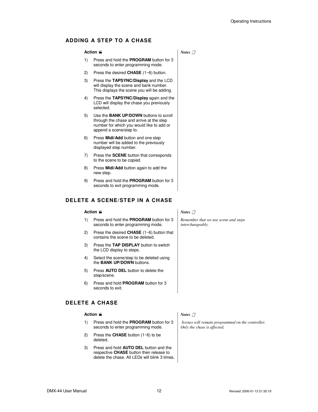 Chauvet DMX-44 user manual AD D I NG a ST EP T O a C H ASE, DEL ET E a SC EN E/ST EP in a C H ASE, DEL ET E a C H ASE 