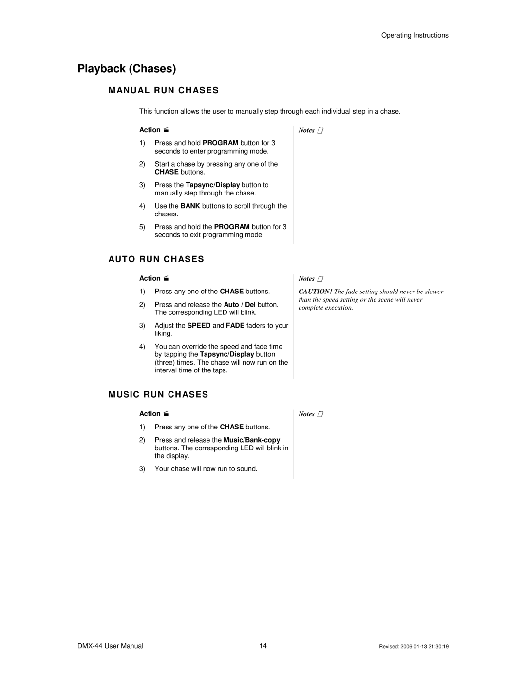 Chauvet DMX-44 user manual Playback Chases, Anu Al R Un C H Ase S, AUT O R UN C H Ases, Usic R UN C H Ases 