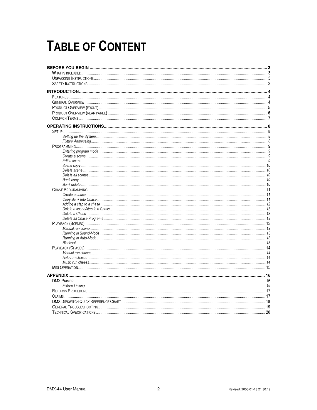 Chauvet DMX-44 user manual Table of Content 