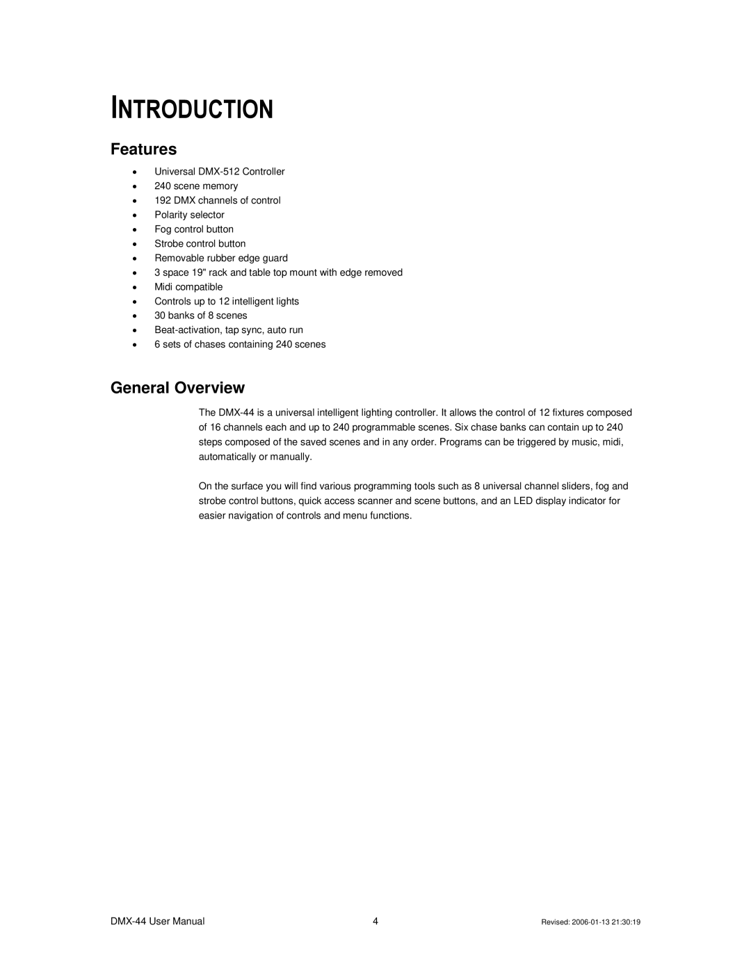 Chauvet DMX-44 user manual Introduction, Features, General Overview 