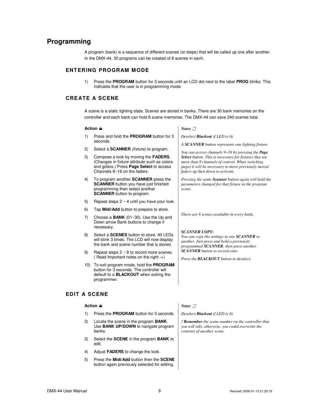 Chauvet DMX-44 user manual Programming, Ent Er Ing Pro Gr Am M Ode, CR E AT E a SC EN E, ED IT a SC ENE 