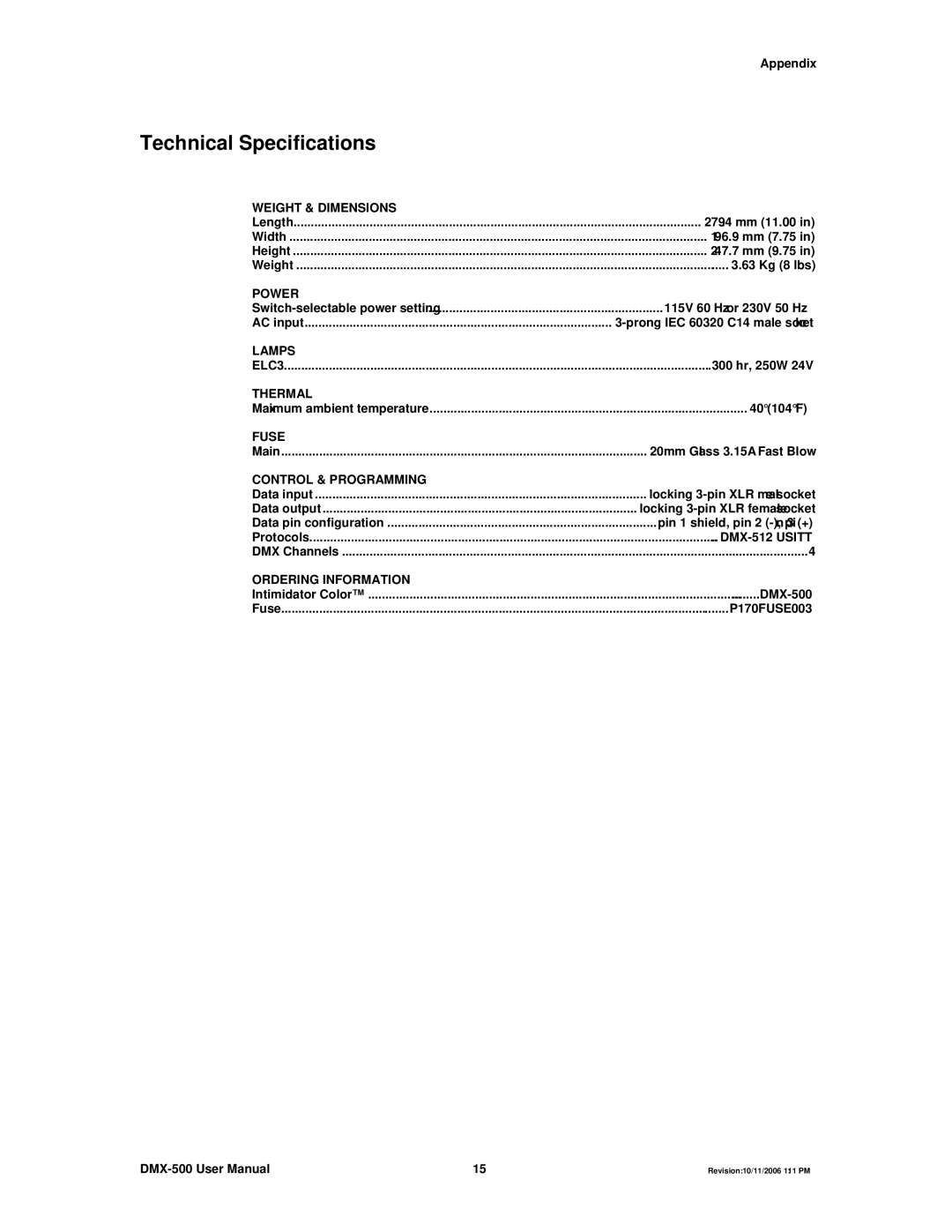 Chauvet DMX-500 user manual Technical Specifications, Power 