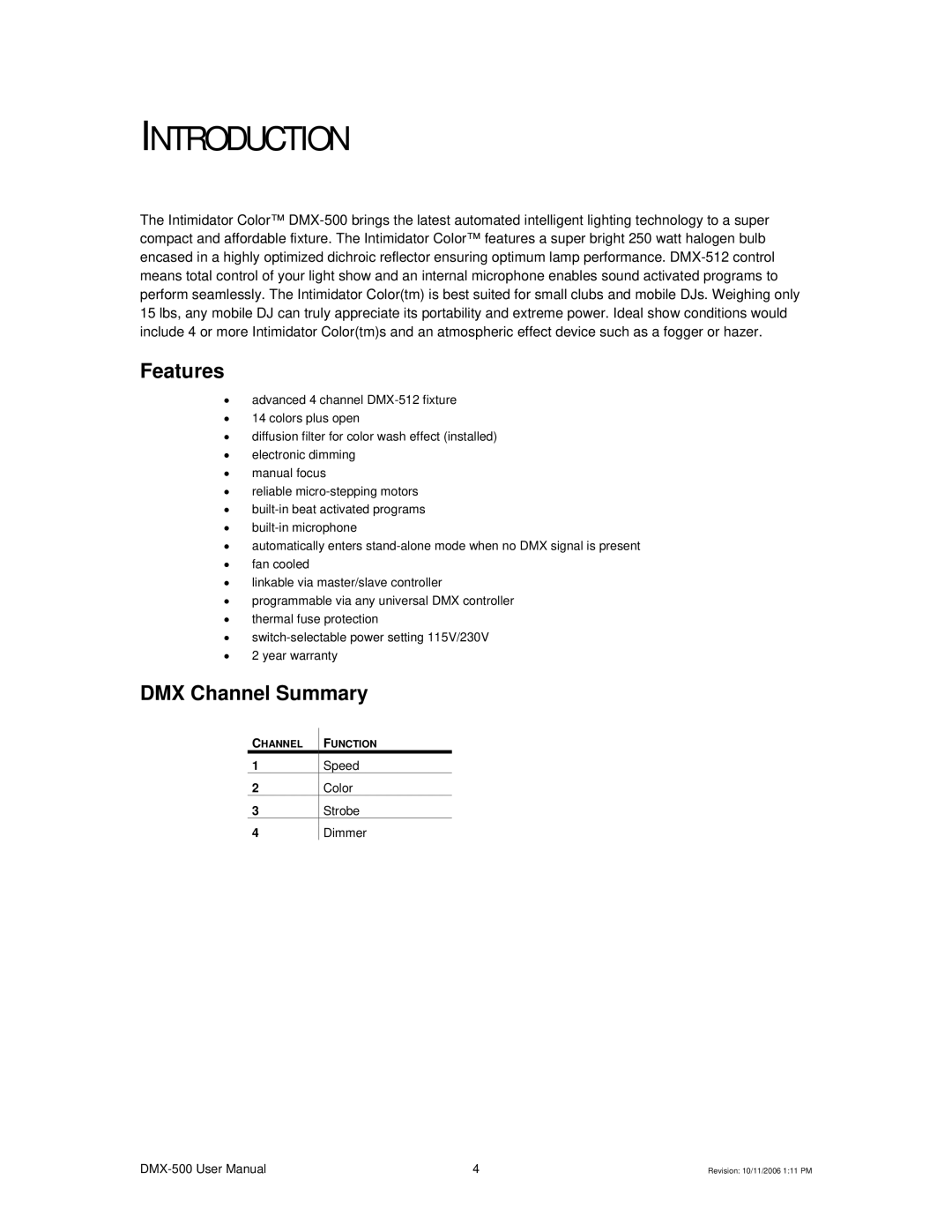 Chauvet DMX-500 user manual Introduction, Features, DMX Channel Summary 