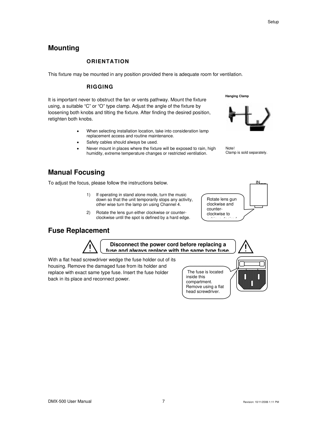 Chauvet DMX-500 user manual Mounting, Manual Focusing, Fuse Replacement, Orientation, Rigging 