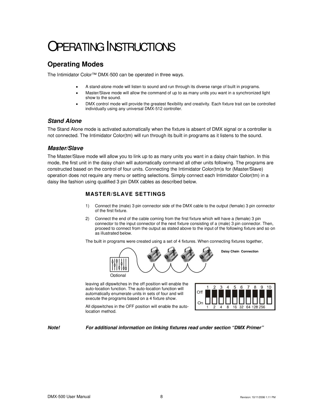 Chauvet DMX-500 user manual Operating Instructions, Operating Modes, MASTER/SLAVE Settings 