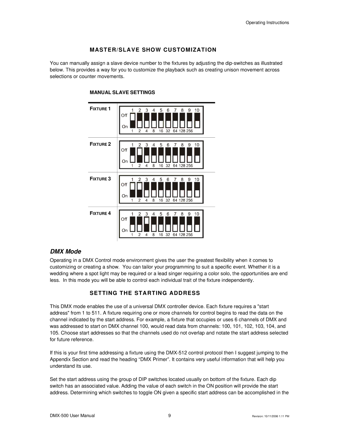 Chauvet DMX-500 user manual MASTER/SLAVE Show Customization, Setting the Starting Address 