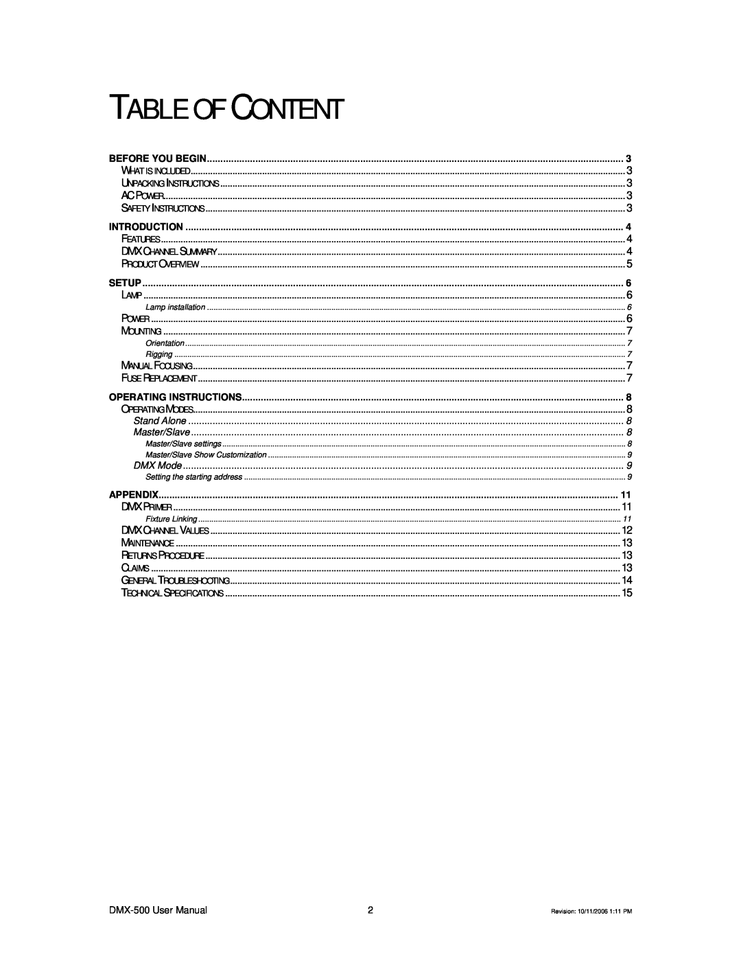 Chauvet DMX-500 user manual Table Of Content, Before You Begin 