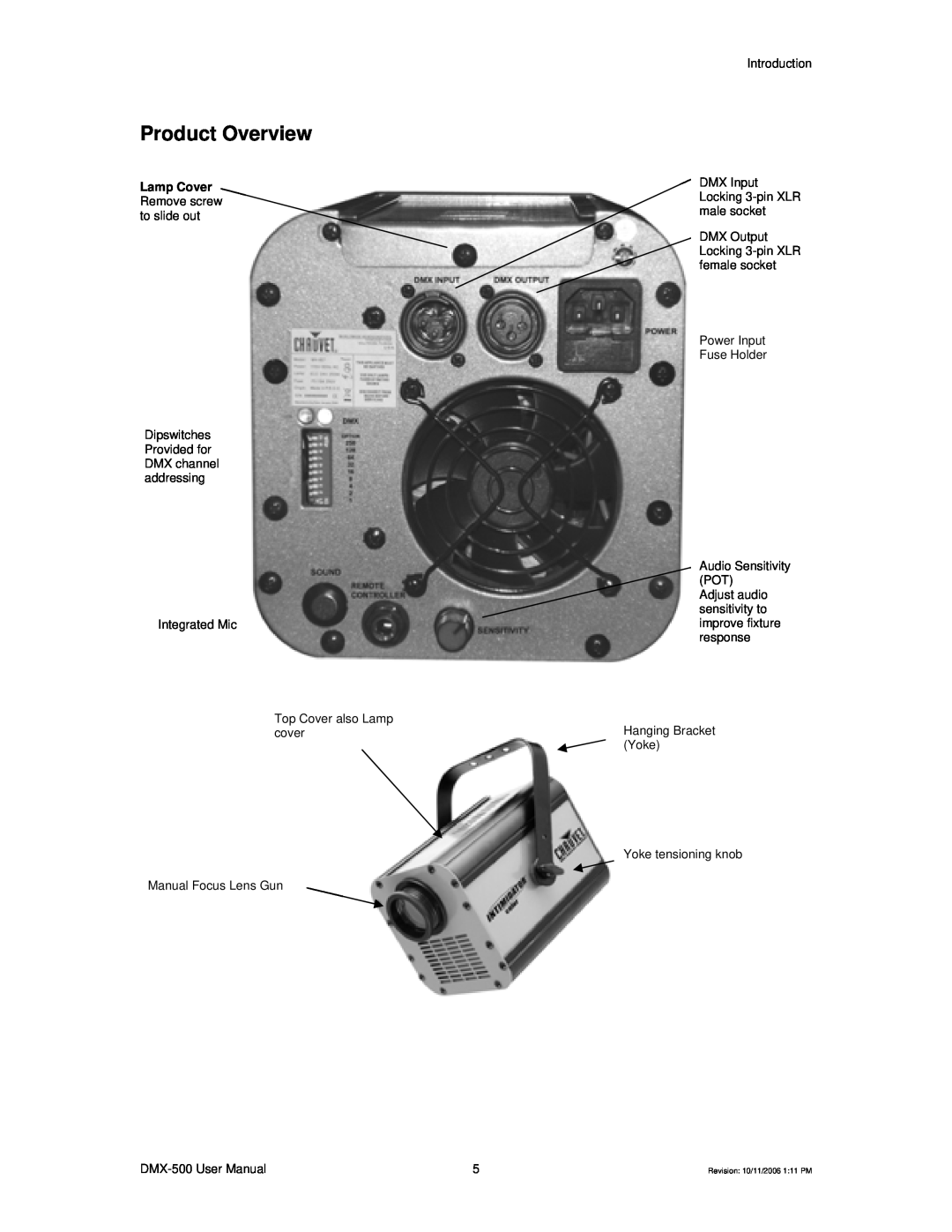 Chauvet DMX-500 user manual Product Overview, Lamp Cover Remove screw to slide out 