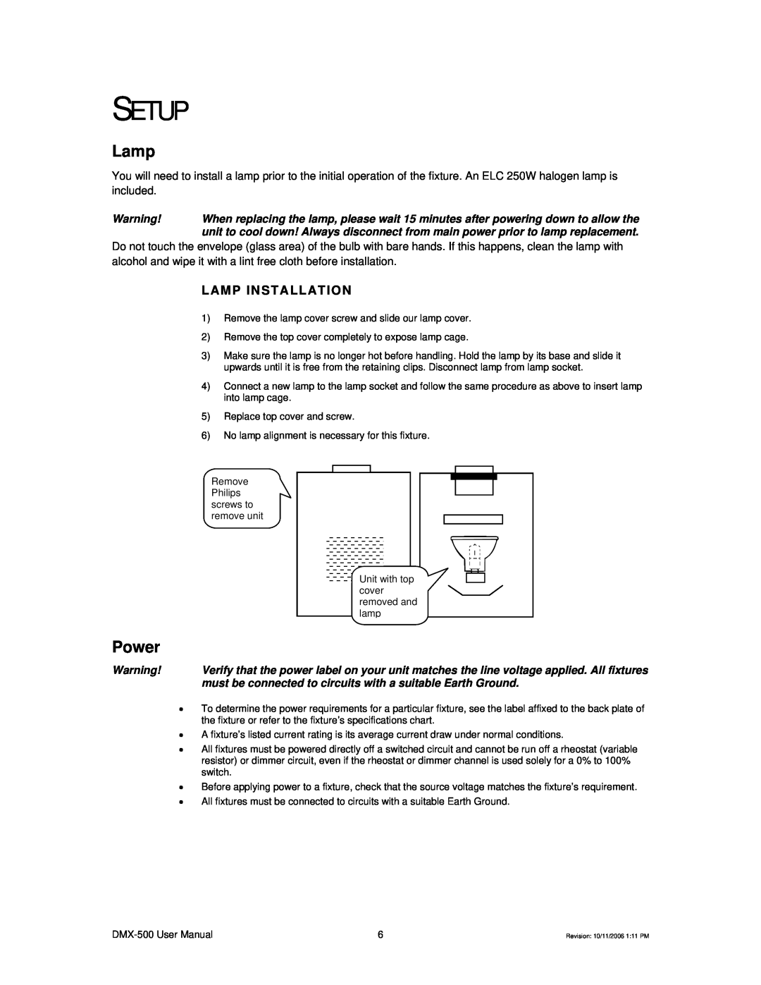 Chauvet DMX-500 user manual Setup, Power, Lamp Installation 