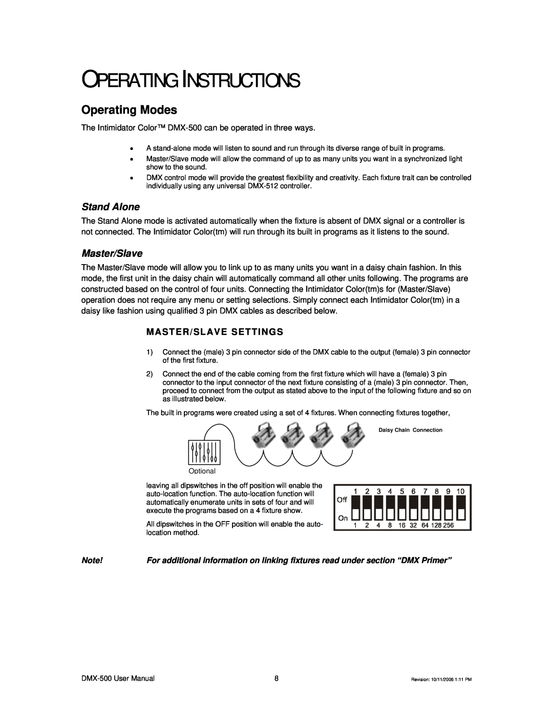 Chauvet DMX-500 user manual Operating Instructions, Operating Modes, Stand Alone, Master/Slave Settings 