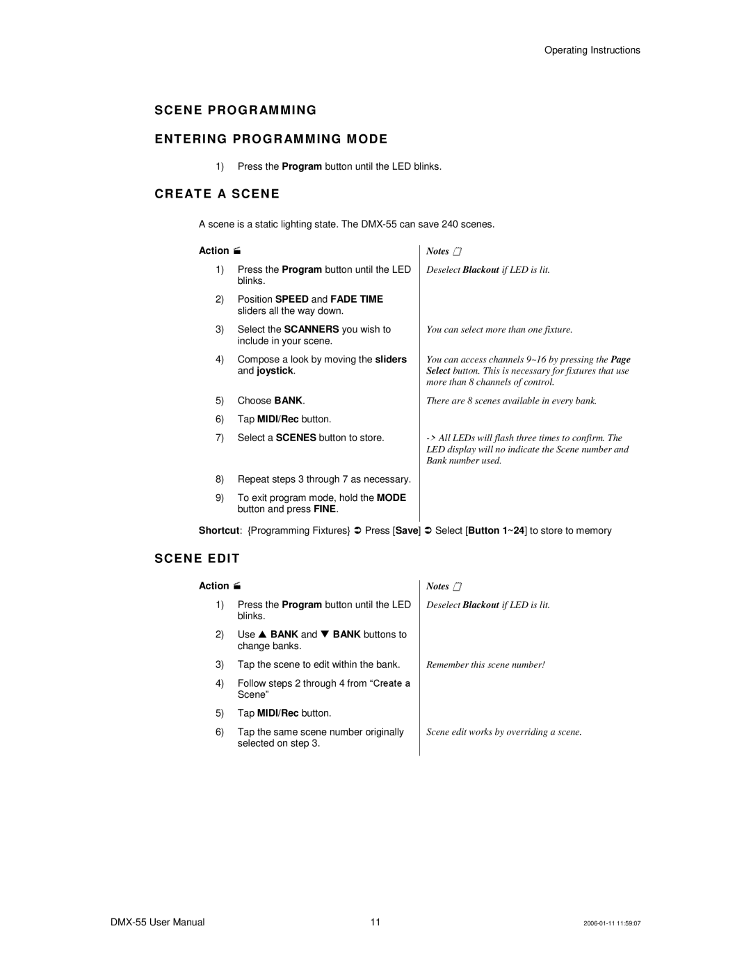 Chauvet DMX-55 DMX user manual SC EN E Prog R AM M ING ENT ER ING PRO GR AM M ING M ODE, CR E AT E a SC EN E, SC EN E Edit 