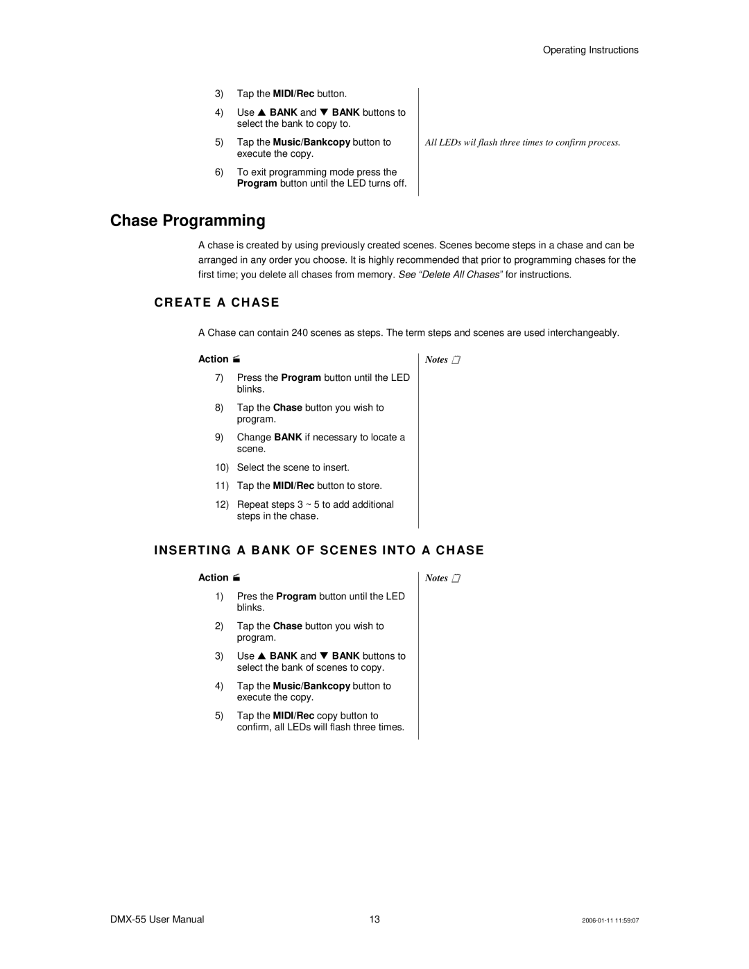 Chauvet DMX-55 DMX user manual Chase Programming, CR E AT E a C H ASE, Sert I NG a B AN K of SC EN ES INT O a C H ASE 