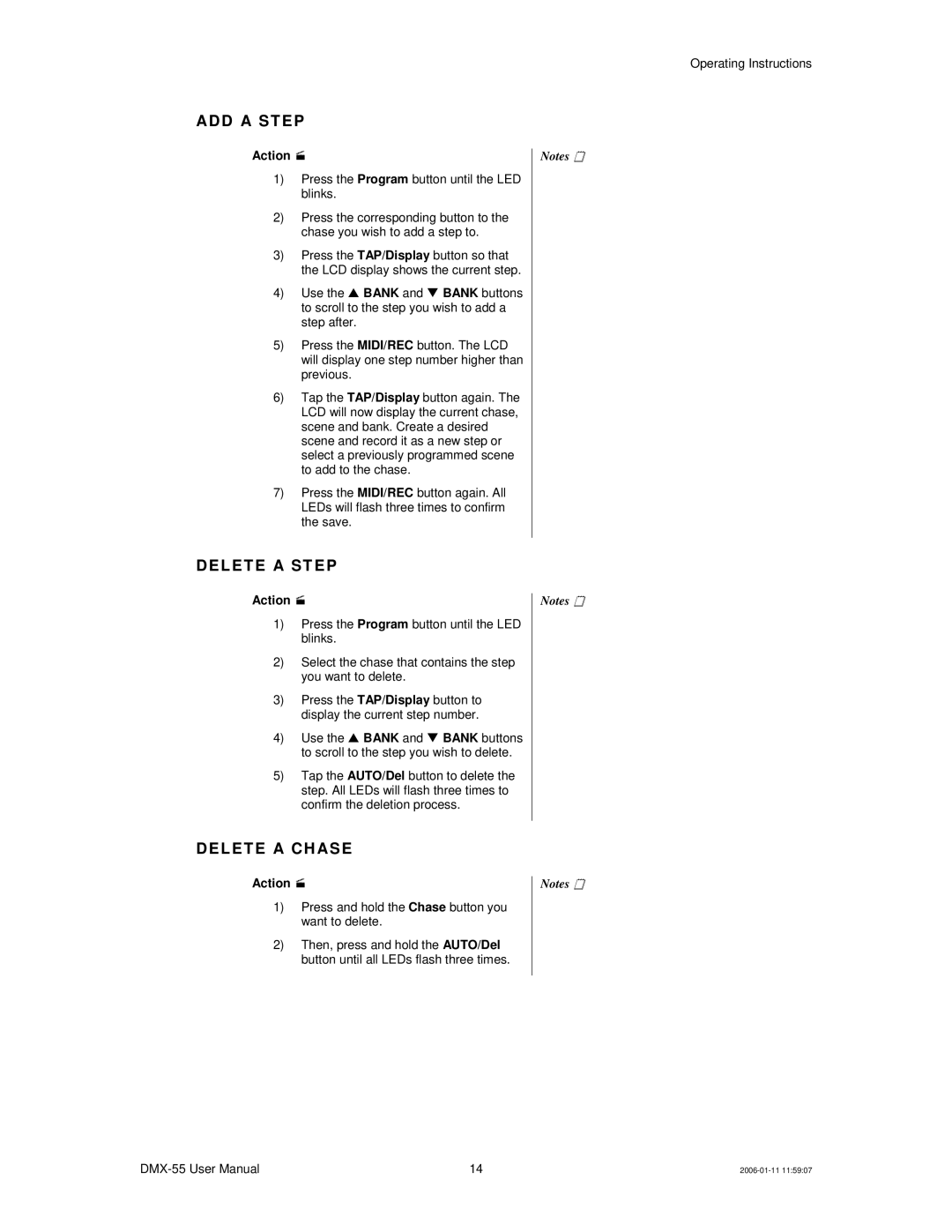 Chauvet DMX-55 DMX user manual AD D a ST EP, DEL ET E a ST EP, DEL ET E a C H ASE 