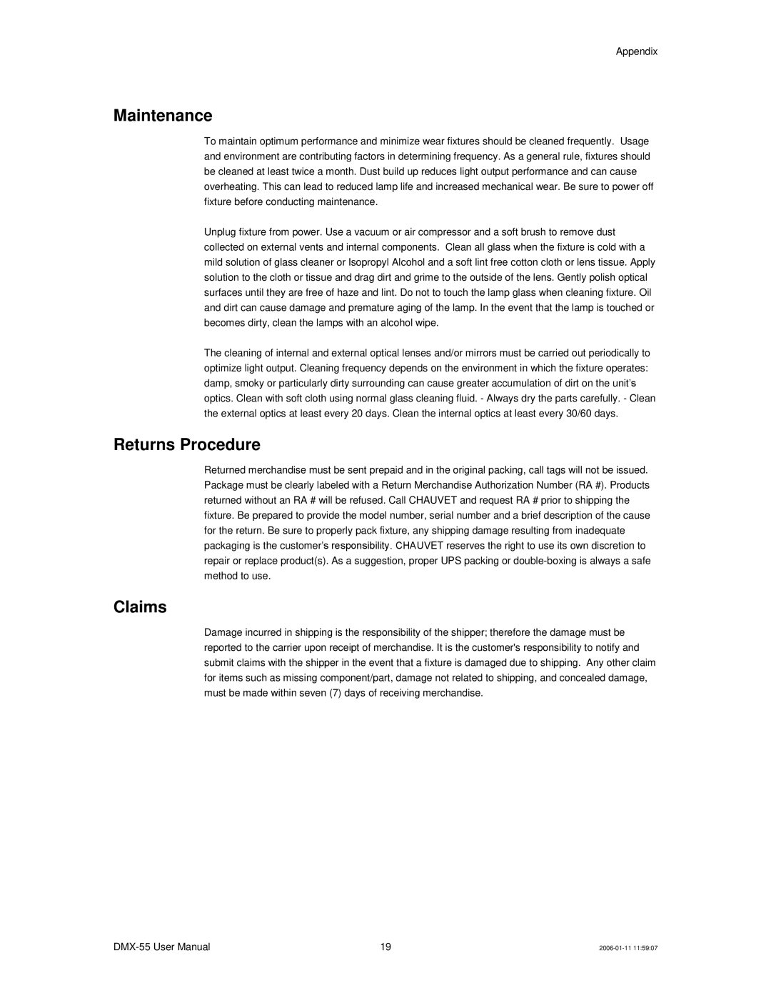 Chauvet DMX-55 DMX user manual Maintenance, Returns Procedure, Claims 