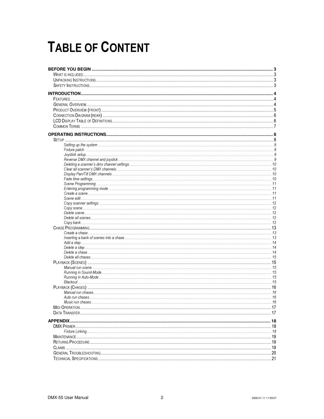 Chauvet DMX-55 DMX user manual Table of Content 